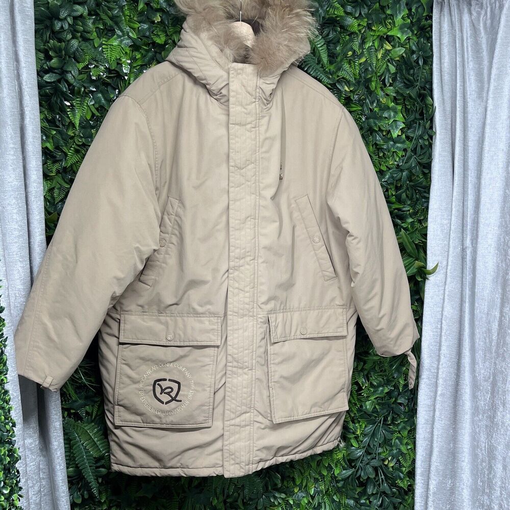 VINTAGE ROCAWEAR Jacket Mens 2XL Tan Puffer Full Zip‎ Hooded Hip Hop Y2K
